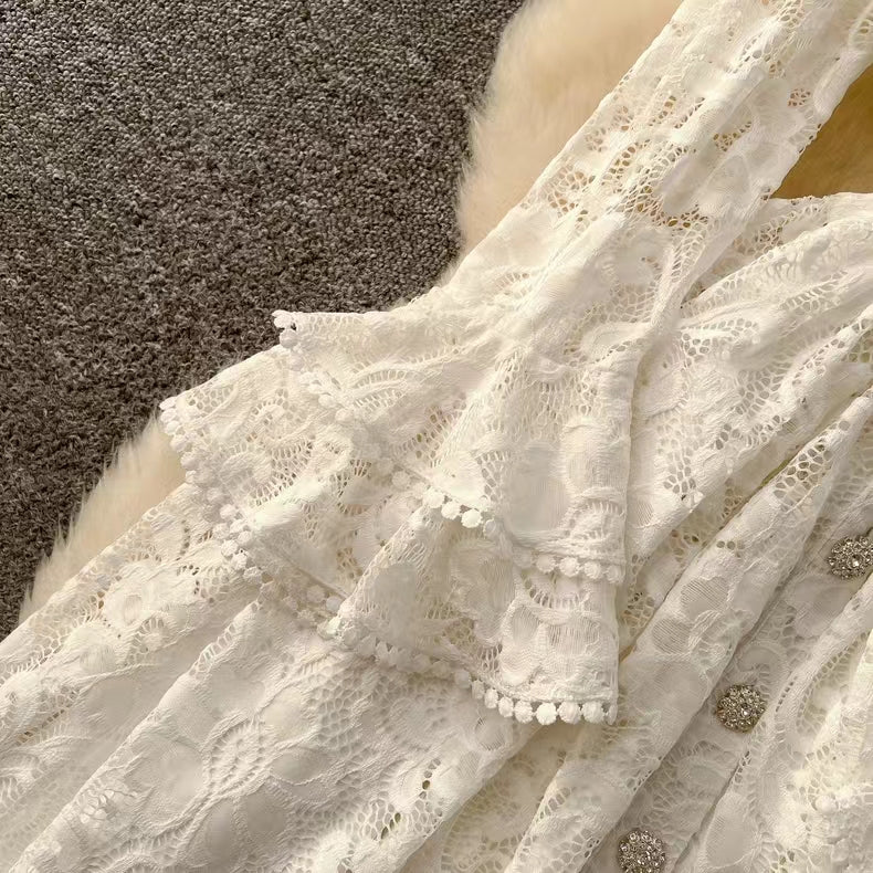 New Vintage Cuff Design Single-breasted High-waisted Lace Embroidery Dress TP2844