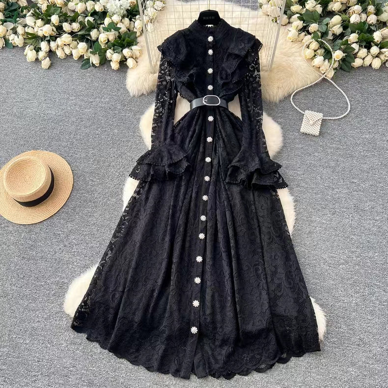 New Vintage Cuff Design Single-breasted High-waisted Lace Embroidery Dress TP2844