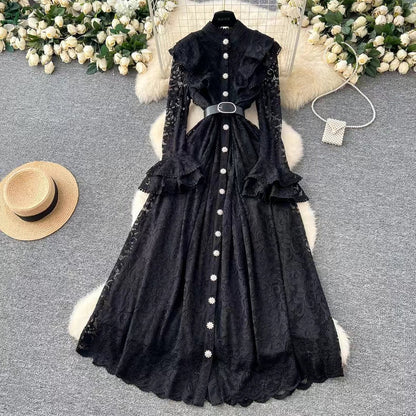 New Vintage Cuff Design Single-breasted High-waisted Lace Embroidery Dress TP2844