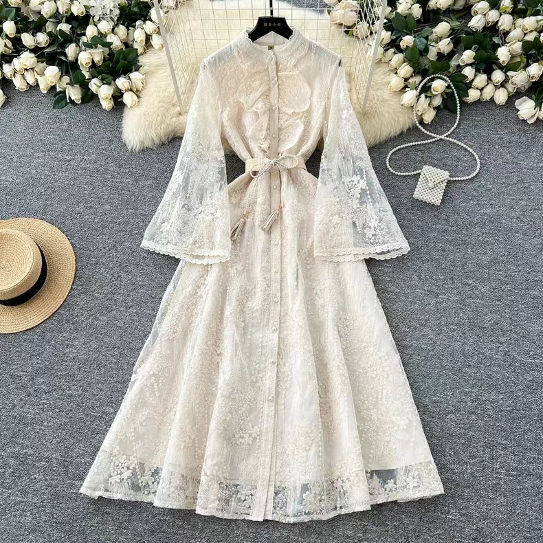 Vintage Elegant Crochet Embroidery Belt Design Single Breasted Flared Sleeve Long Dress TP2845