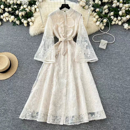 Vintage Elegant Crochet Embroidery Belt Design Single Breasted Flared Sleeve Long Dress TP2845