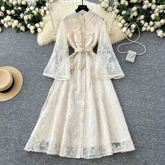 Vintage Elegant Crochet Embroidery Belt Design Single Breasted Flared Sleeve Long Dress TP2845
