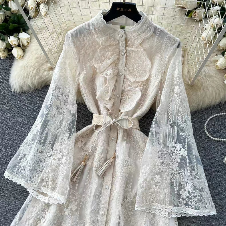 Vintage Elegant Crochet Embroidery Belt Design Single Breasted Flared Sleeve Long Dress TP2845