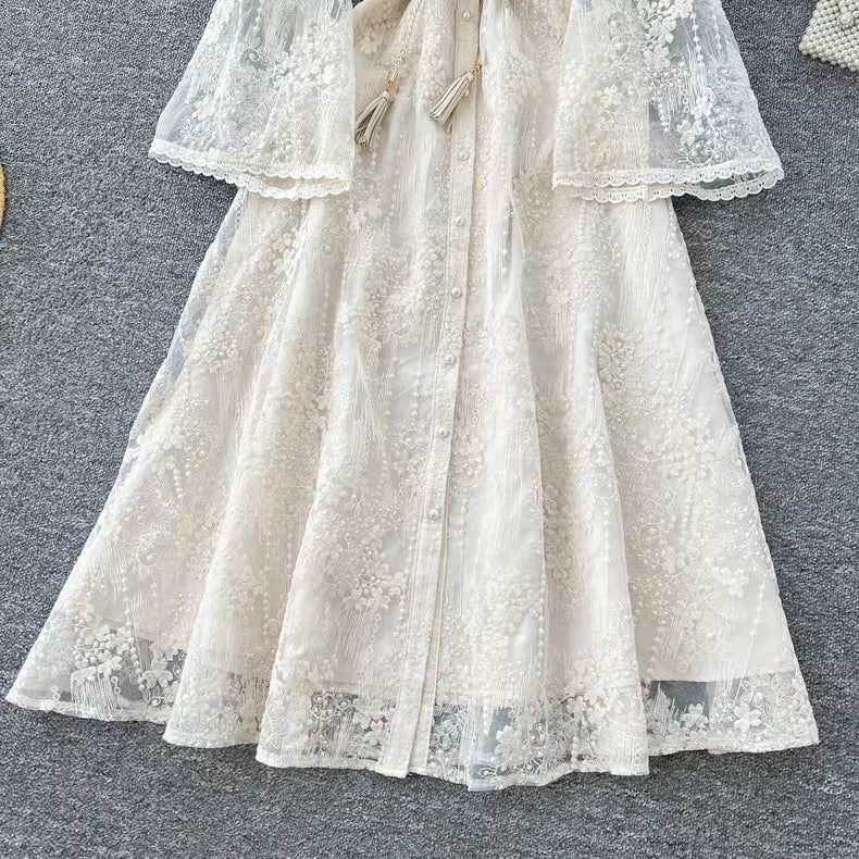 Vintage Elegant Crochet Embroidery Belt Design Single Breasted Flared Sleeve Long Dress TP2845