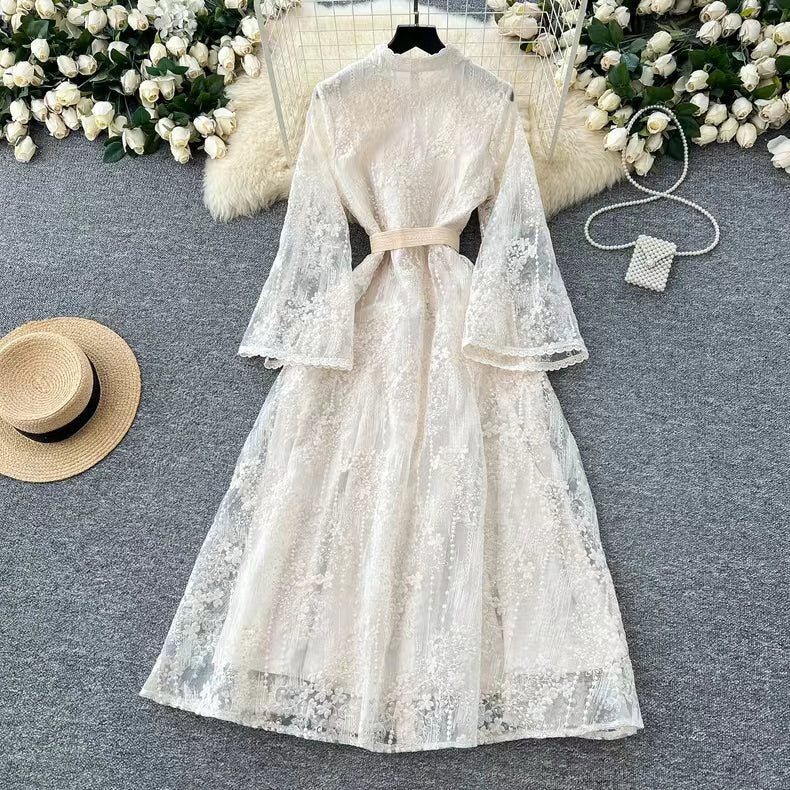 Vintage Elegant Crochet Embroidery Belt Design Single Breasted Flared Sleeve Long Dress TP2845