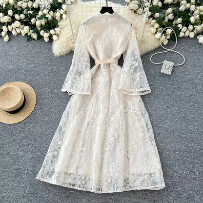 Vintage Elegant Crochet Embroidery Belt Design Single Breasted Flared Sleeve Long Dress TP2845