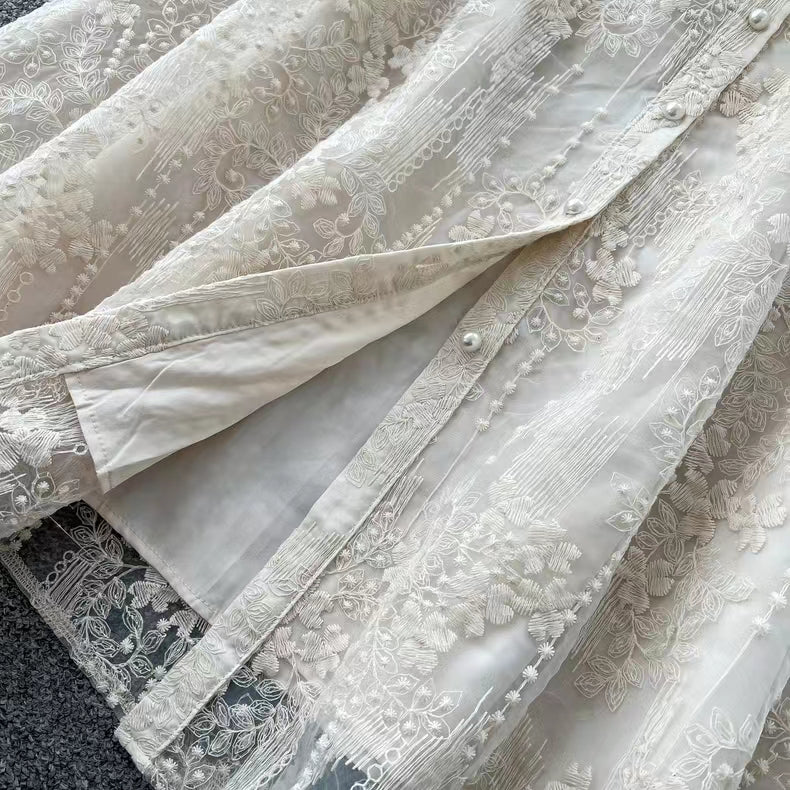 Vintage Elegant Crochet Embroidery Belt Design Single Breasted Flared Sleeve Long Dress TP2845