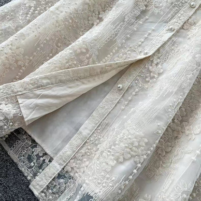 Vintage Elegant Crochet Embroidery Belt Design Single Breasted Flared Sleeve Long Dress TP2845