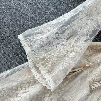 Vintage Elegant Crochet Embroidery Belt Design Single Breasted Flared Sleeve Long Dress TP2845