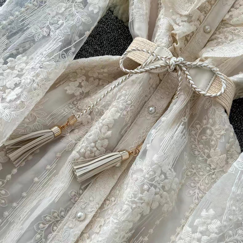 Vintage Elegant Crochet Embroidery Belt Design Single Breasted Flared Sleeve Long Dress TP2845