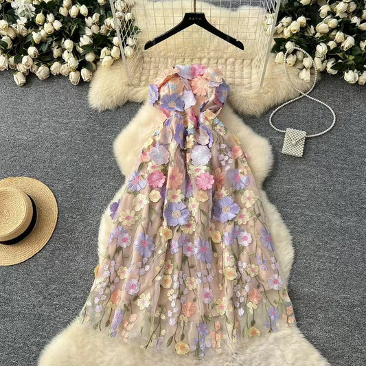 Fashion Summer Three-dimensional Flower Embroidery Waist Slimming Spaghetti Strap Dress TP2847