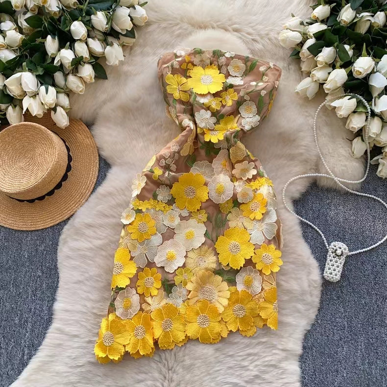 New Sleeveless Waist Slimming Floral Embroidery Design Irregular Strapless Dress TP2848