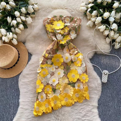 New Sleeveless Waist Slimming Floral Embroidery Design Irregular Strapless Dress TP2848