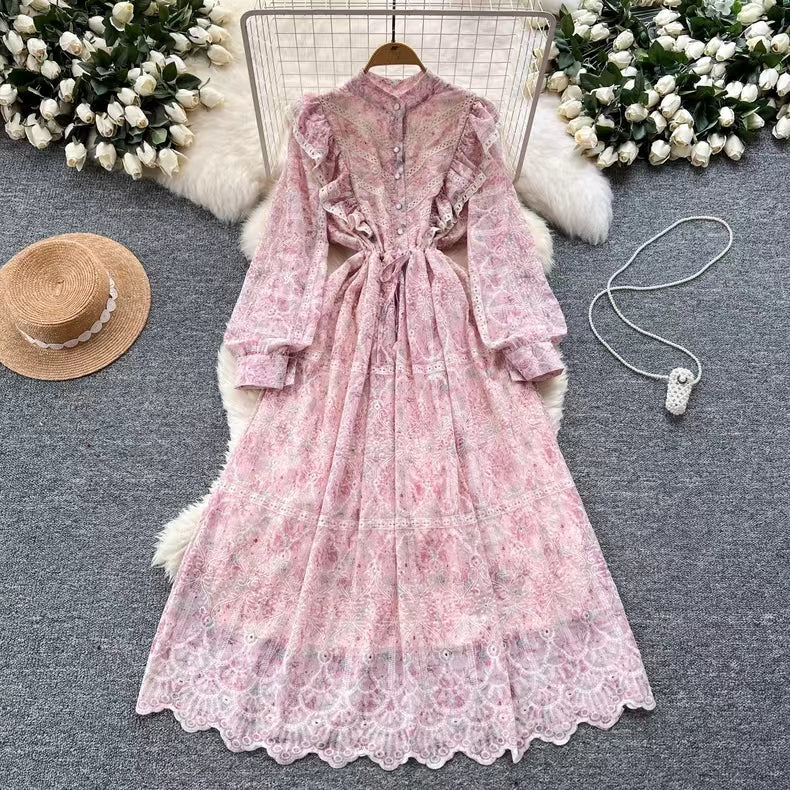 New Hollow Embroidery Round Neck Long Sleeve High Waist Slim Elegant Dress TP2849