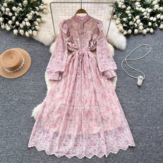 New Hollow Embroidery Round Neck Long Sleeve High Waist Slim Elegant Dress TP2849