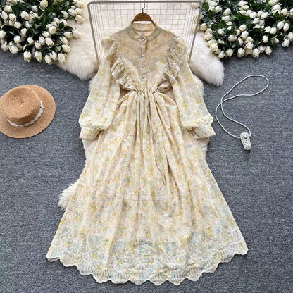 New Hollow Embroidery Round Neck Long Sleeve High Waist Slim Elegant Dress TP2849