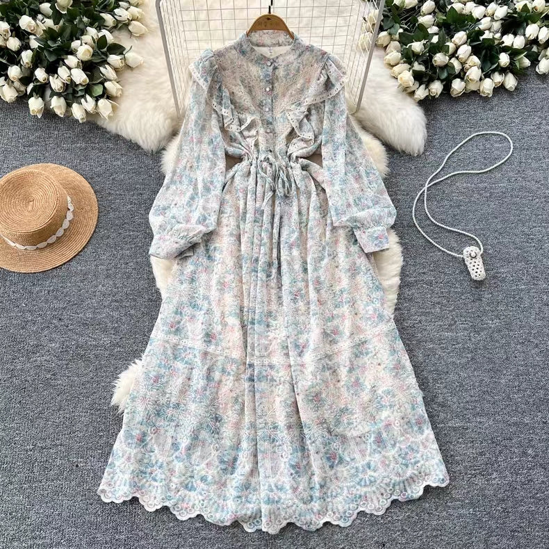 New Hollow Embroidery Round Neck Long Sleeve High Waist Slim Elegant Dress TP2849