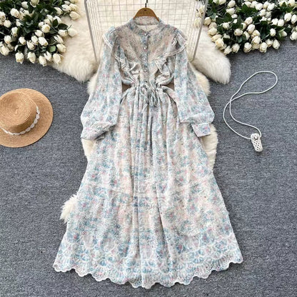 New Hollow Embroidery Round Neck Long Sleeve High Waist Slim Elegant Dress TP2849