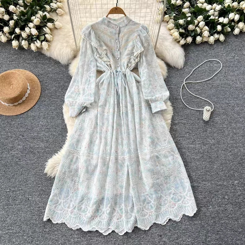 New Hollow Embroidery Round Neck Long Sleeve High Waist Slim Elegant Dress TP2849