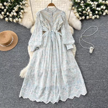 New Hollow Embroidery Round Neck Long Sleeve High Waist Slim Elegant Dress TP2849