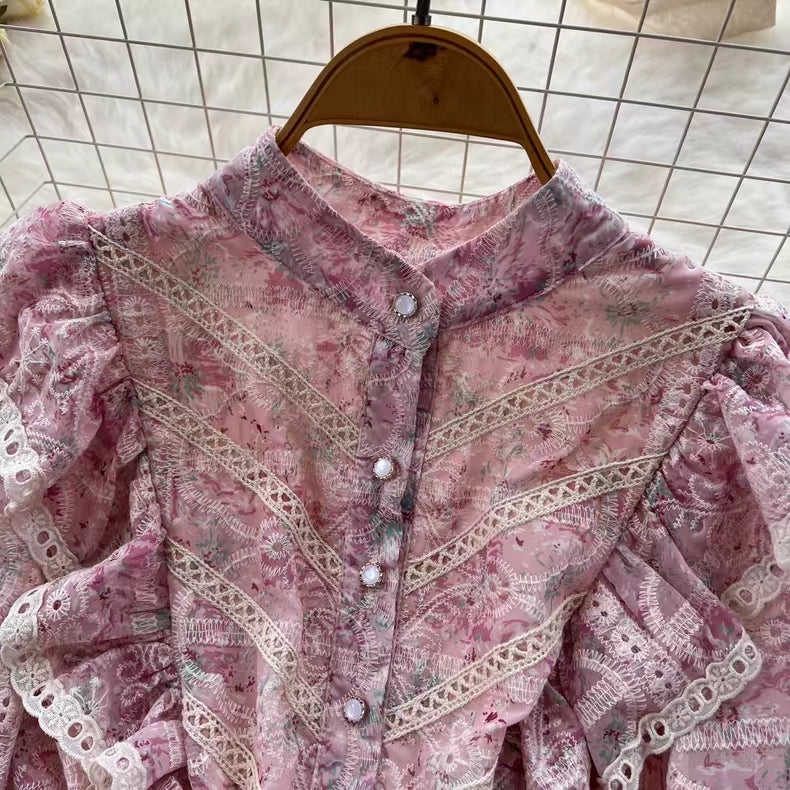 New Hollow Embroidery Round Neck Long Sleeve High Waist Slim Elegant Dress TP2849