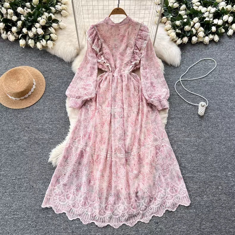New Hollow Embroidery Round Neck Long Sleeve High Waist Slim Elegant Dress TP2849