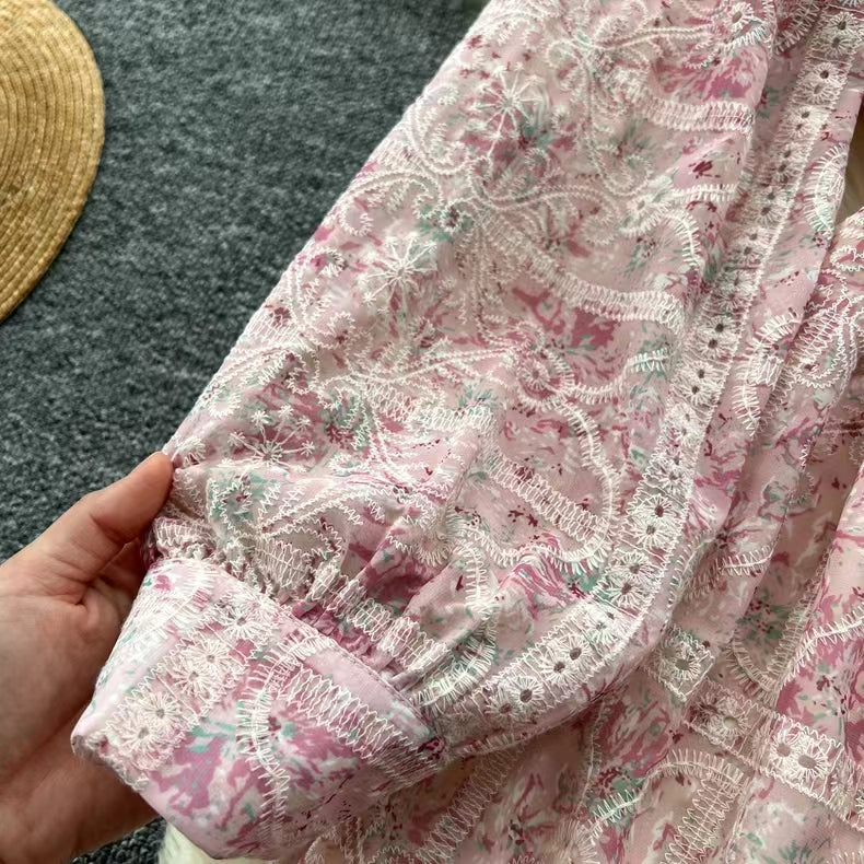 New Hollow Embroidery Round Neck Long Sleeve High Waist Slim Elegant Dress TP2849