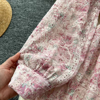 New Hollow Embroidery Round Neck Long Sleeve High Waist Slim Elegant Dress TP2849