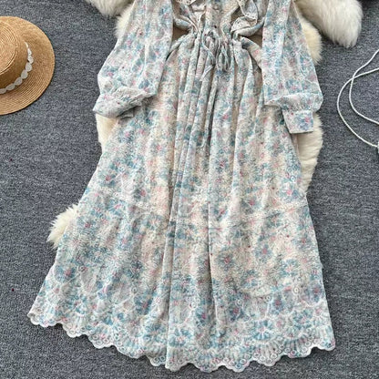 New Hollow Embroidery Round Neck Long Sleeve High Waist Slim Elegant Dress TP2849