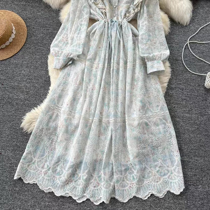 New Hollow Embroidery Round Neck Long Sleeve High Waist Slim Elegant Dress TP2849