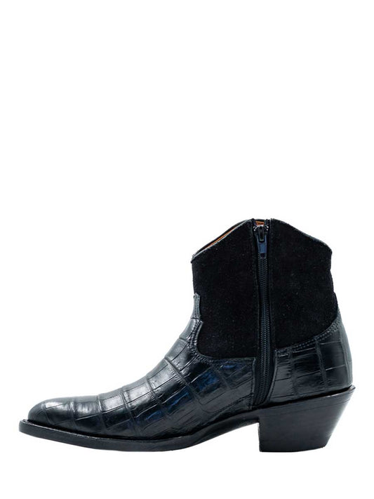 Black Croco Embossed Pointed Toe Chunky Heel Ankle Boots for Women