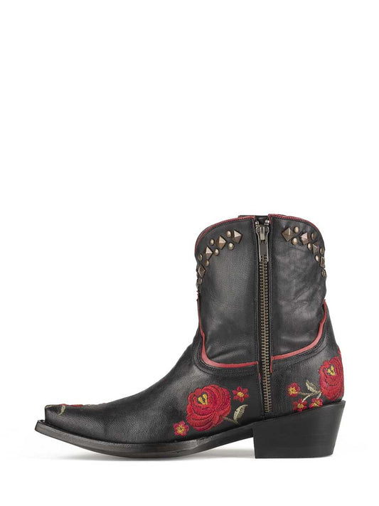 Black Snip Toe Floral Embroidery Studded Block Heeled Cowgirl Ankle Boots