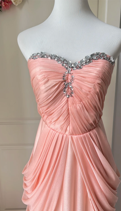 Elegant Pink Heart Neckline Rhinestone Chiffon Long Prom Dress Evening Dress P4205