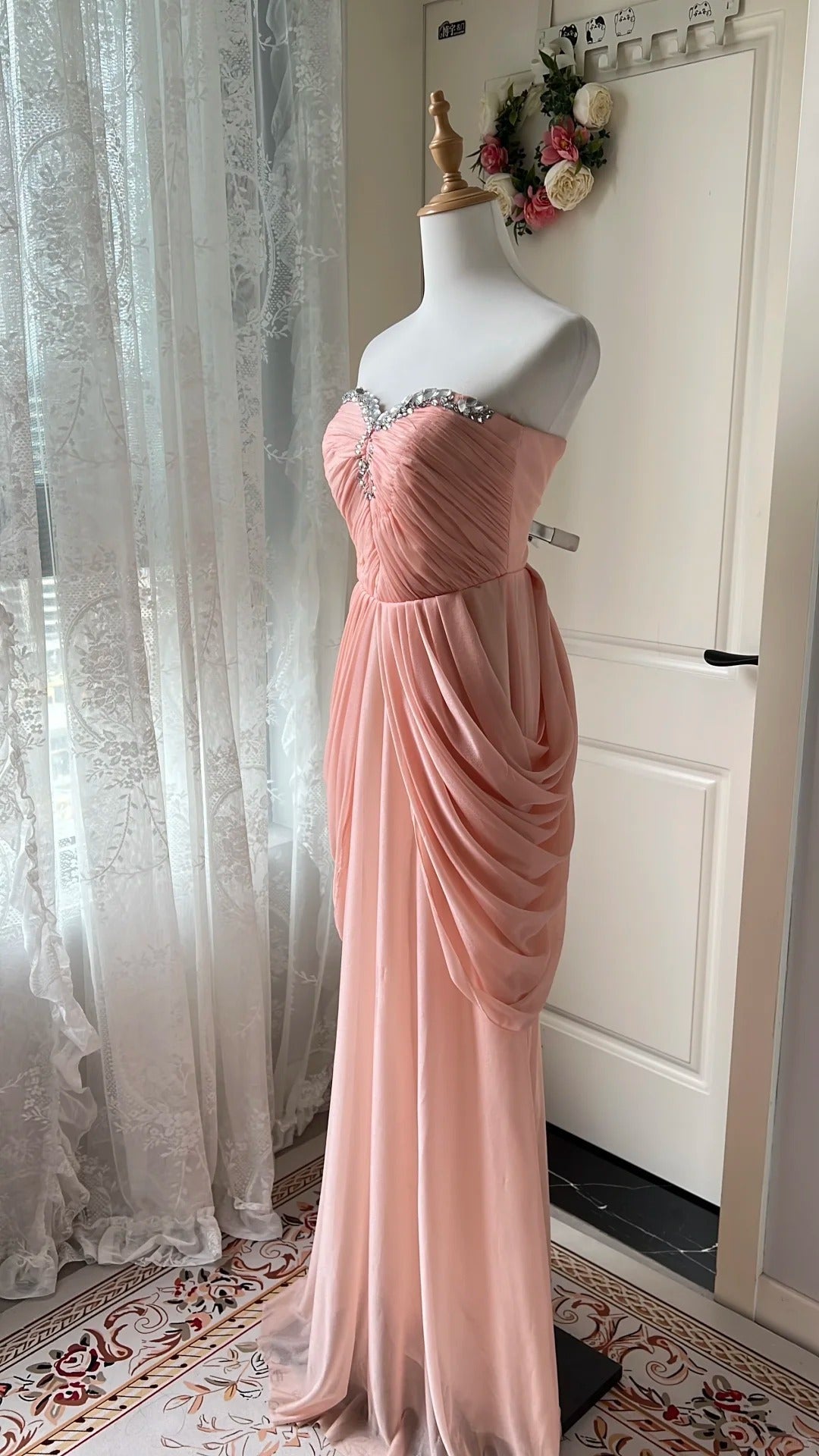 Elegant Pink Heart Neckline Rhinestone Chiffon Long Prom Dress Evening Dress P4205