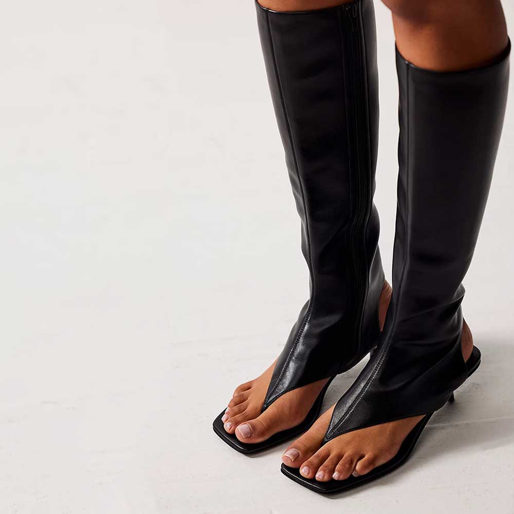 Black Square Toe Thong Sandal Knee High Boots with Kitten Heel