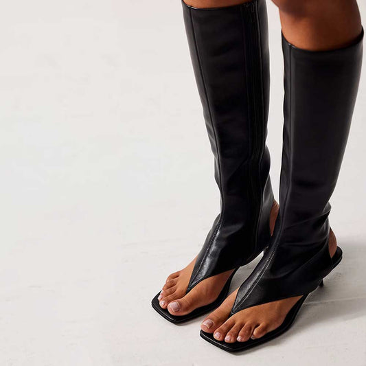 Black Square Toe Thong Sandal Knee High Boots with Kitten Heel