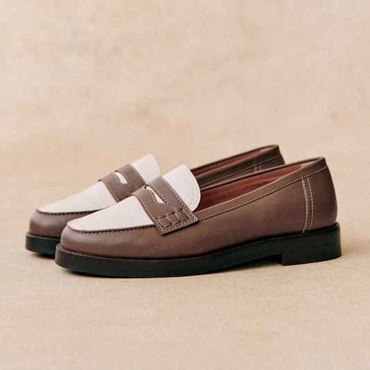 Brown and White Round Toe Loafers Office Casual Shoes for Women