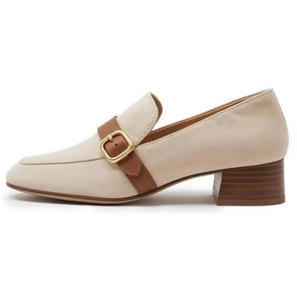 Beige Vegan Suede Square Toe Buckle Strap Office Women's Loafers