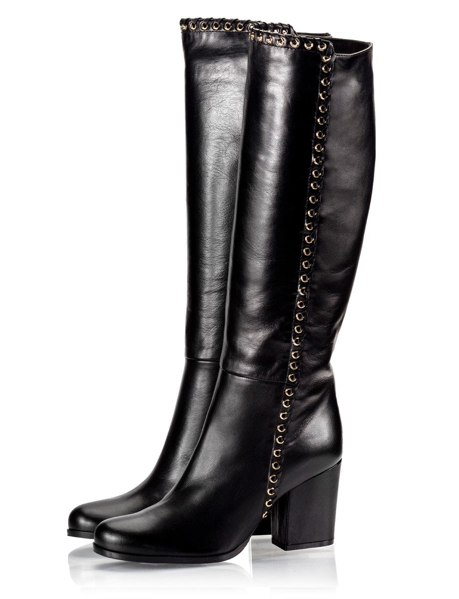 Black Round Toe Chunky Heel Knee High Boots with Studs