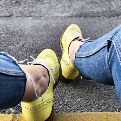 Vibrant Yellow Round Toe Brogues Flats Lace-Up Women's Oxfords