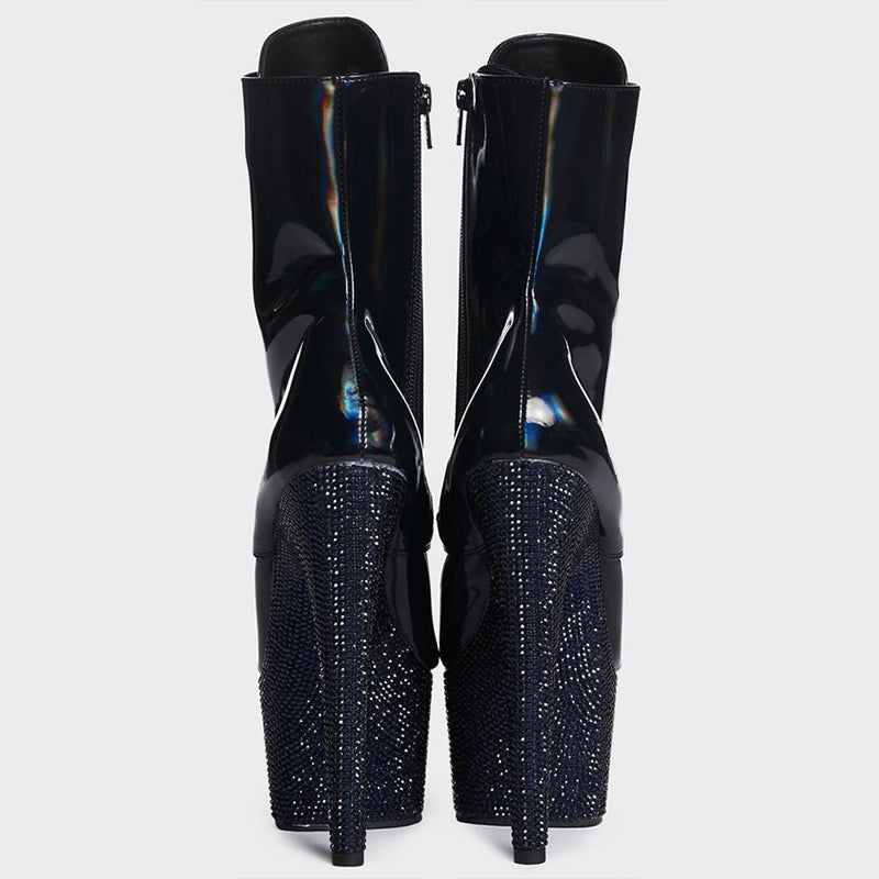 Black Rhinestone Platform Booties Lace Up Stiletto Heel Ankle Boots
