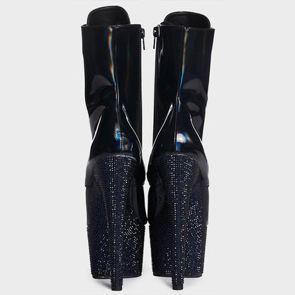Black Rhinestone Platform Booties Lace Up Stiletto Heel Ankle Boots