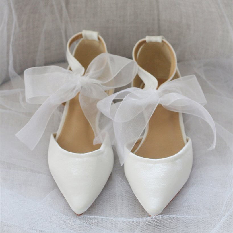 White Satin Pointed Toe Bow Ankle Strap Wedding Flats