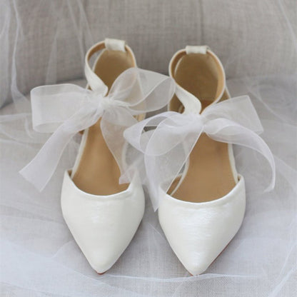 White Satin Pointed Toe Bow Ankle Strap Wedding Flats