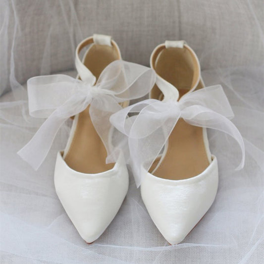 White Satin Pointed Toe Bow Ankle Strap Wedding Flats
