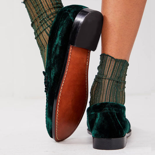 Green Velvet Round Toe Chunky Heel Slip-On Loafers