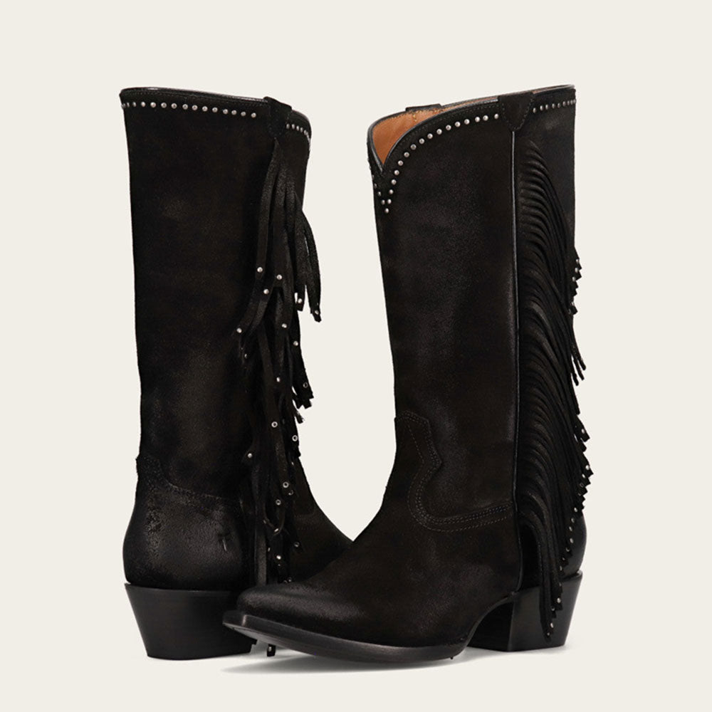 Black Fringe Pointed Toe Chunky Heel Mid Calf Boots with Studs