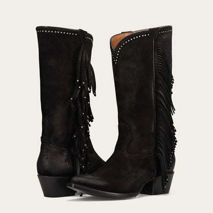 Black Fringe Pointed Toe Chunky Heel Mid Calf Boots with Studs
