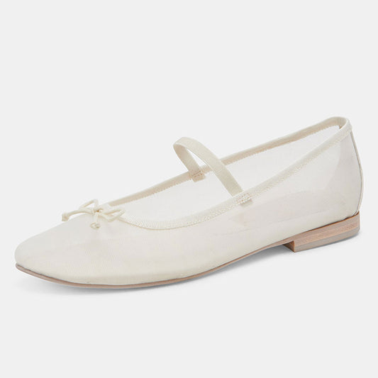 Ivory Mesh Bow Tie Slip-On Round Toe Ballet Flats with Straps