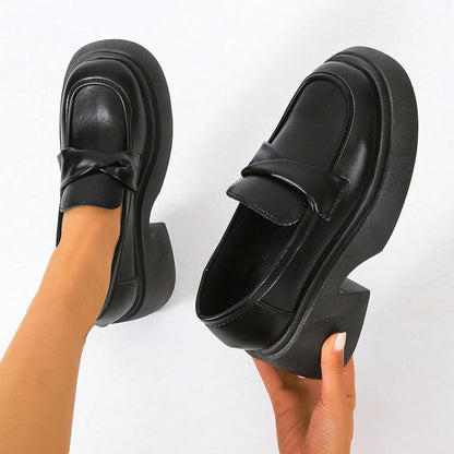 Black Closed Toe Chunky Heel Platform Loafers